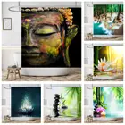 Занавеска для душа, занавеска из водонепроницаемого полиэстера для ванной комнаты с сельским ландшафтом, заливом, каменным лотосом, буддой, с крючками