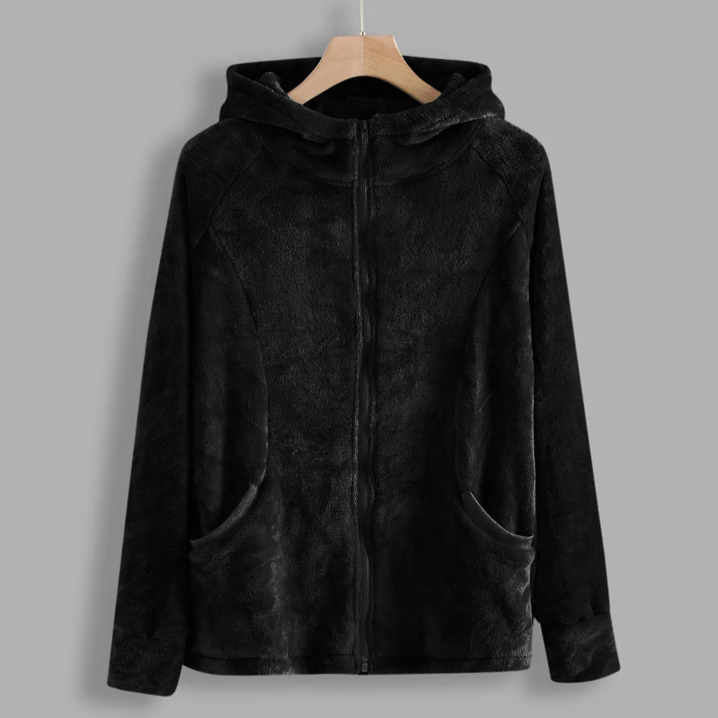 Осенне-зимние флисовые куртки с капюшоном женские повседневные однотонные