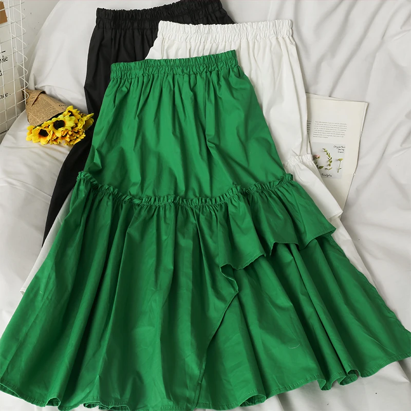 

Autumn Irregular Cotton Long Skirts Sweet Patchwork A-line Green Long Skirts