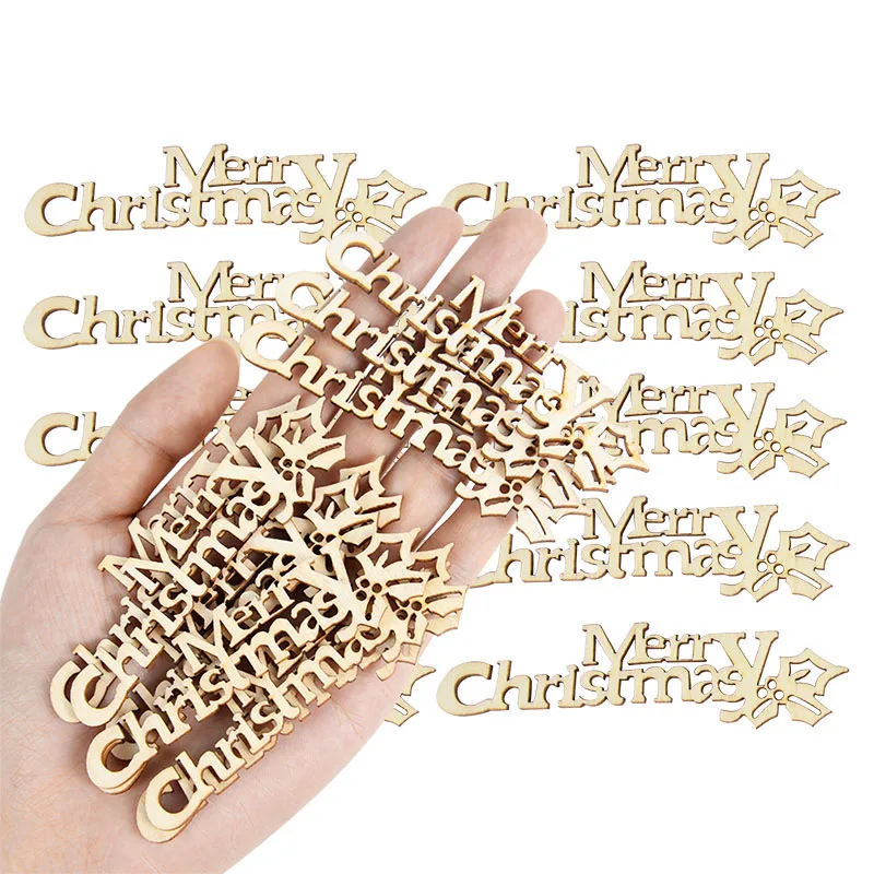 

10Pcs Merry Christmas Laser Cut Wooden Slice Handcraft Letter Carving Wood Crafts Christmas Party Table Decoration Embellishment