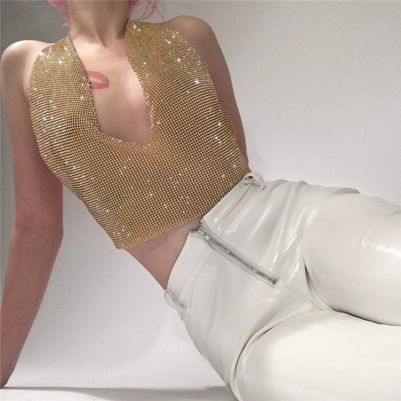 FestivalQueen lady rhinestone party backless tops sexy women summer glitter crystal diamonds crop top beach nightclub