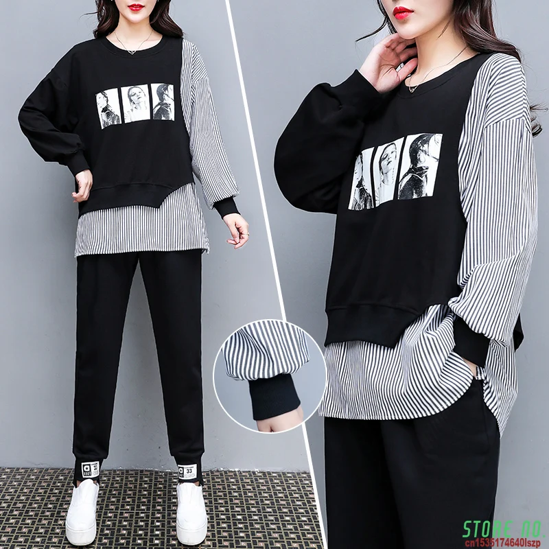 

Женский спортивный костюм, Большой женский спортивный костюм, футболка + брюки, комплект из двух предметов, топ и брюки, комплект одежды, Мод...