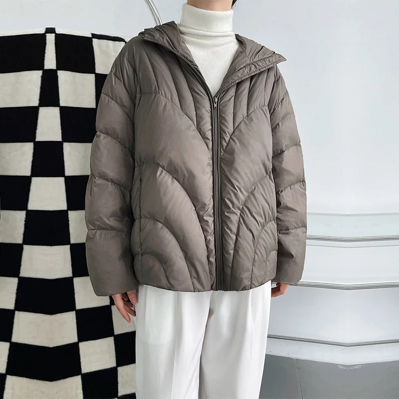 

2021 Winter Loose Padded Zipper Solid Color Jacket Hooded Collar Casual All Match Warm White Duck Down Coat For Women
