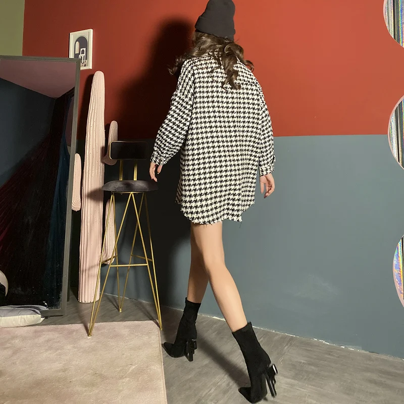 2019 New Recommended Fashion Everyday Outfit Thick Black White Plaid Long Shirt Streetwear Woolen Loose Womens Tops and Blouses