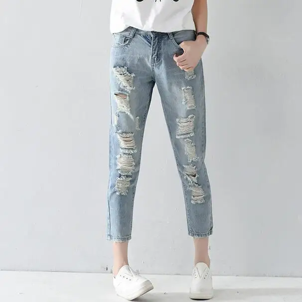 Большие размеры 25 32 рваные джинсы женские шаровары свободные штаны по щиколотку