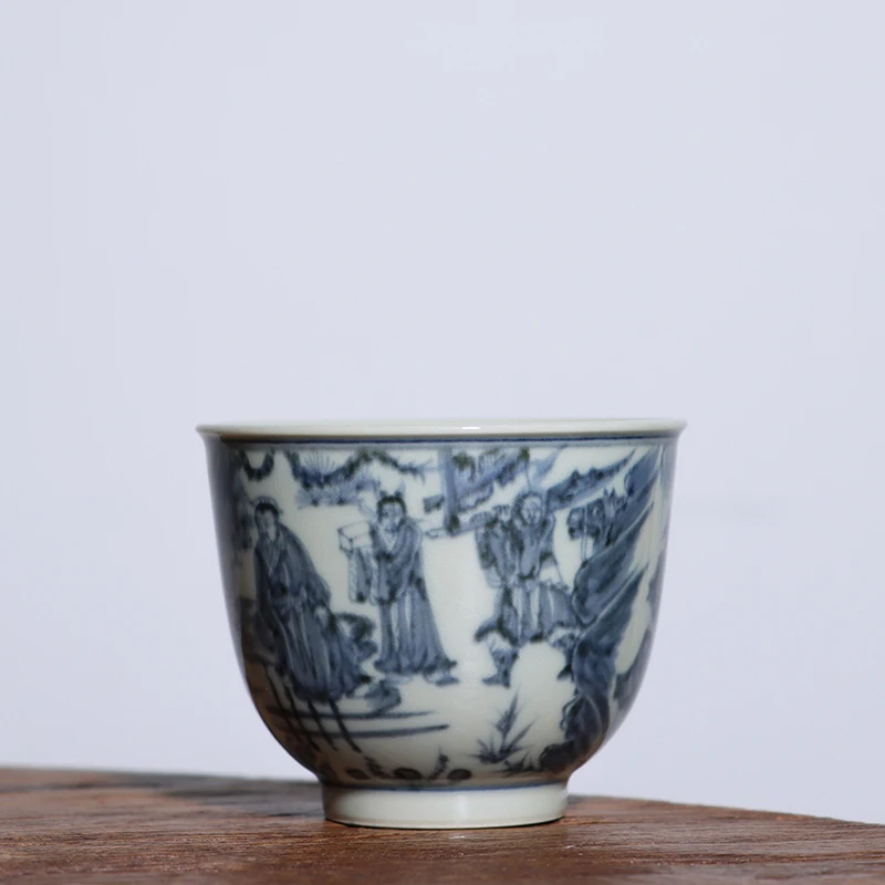 Imitaci&oacute;n Ming azul y blanco monta&ntilde;a Creaci&oacute;n de habitaci&oacute;n pintada a mano taza maestra bajo el color del esmalte de tres personajes-1