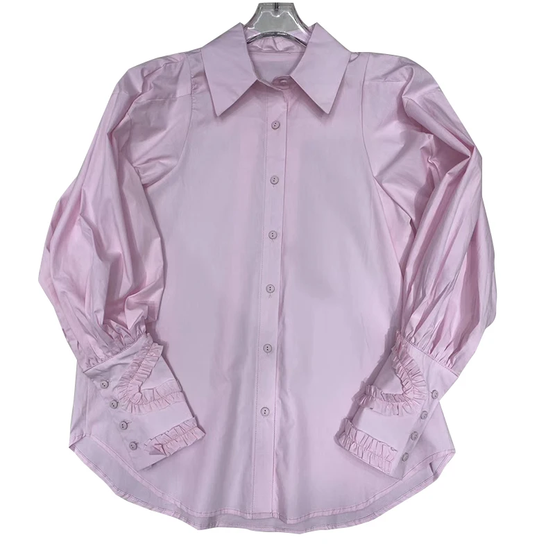 

VGH Blue Patchwork Ruffle Blouse For Women Lapel Long Sleeve Casual Elegant Spring Shirts Female New Clothing 2021 Fashionable