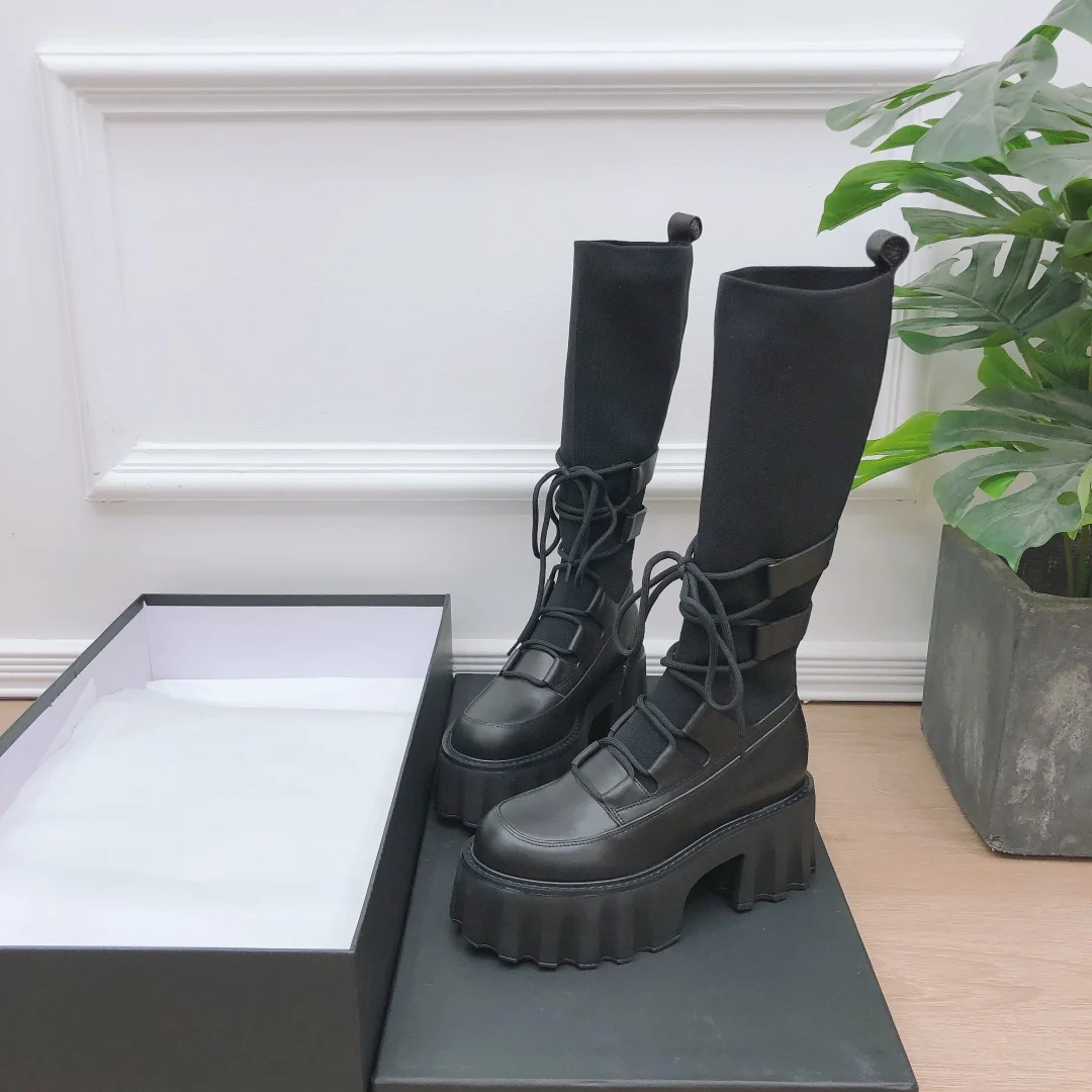

Women Platform Round Toe Lace Up Boots Ladies Black Genuine Leather Stretch Fabric Knee High Boots Botas De Mujer Designer Shoes