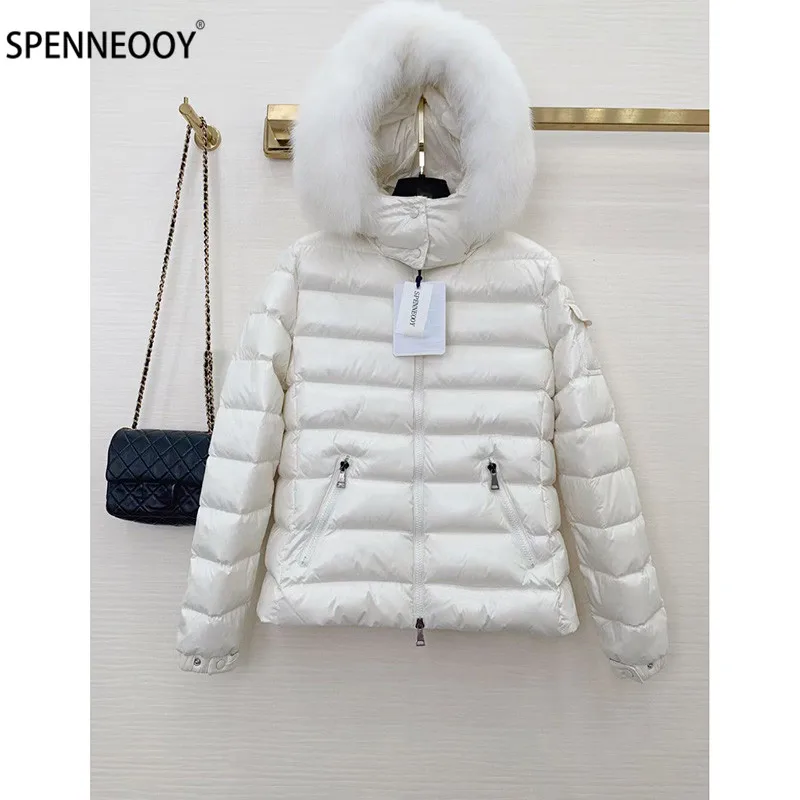 

SPENNEOOY Designer Brand Winter White Short Down Jackets Coat Women Luxury Removable Fur Collar White Duck Down Overcoat Outwear