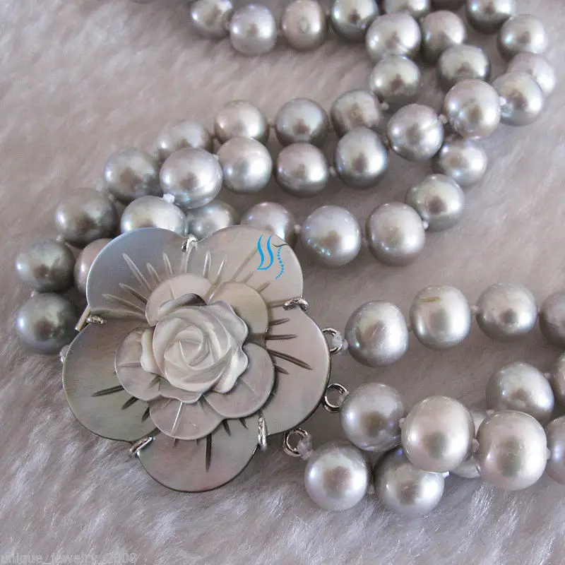 

17-21" 8-9mm Gray Freshwater Pearl Necklace Shell Clasp Jewelry