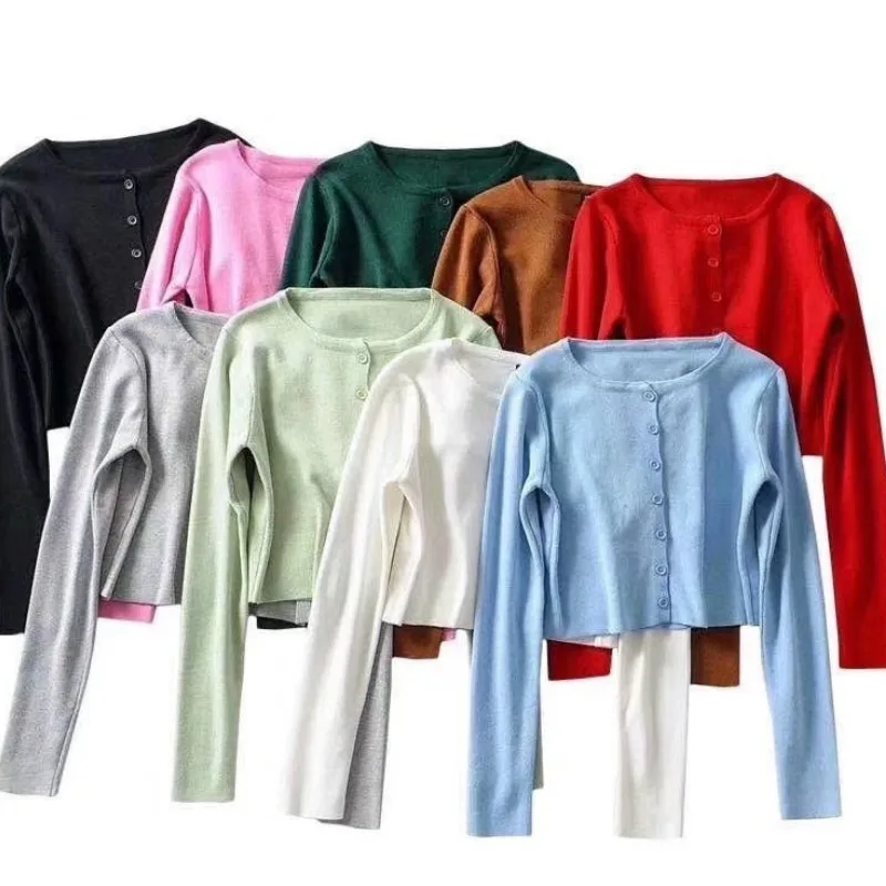 

2021 Vintage Korean Kawaii Cropped Cardigans Women Autumn Knit Crop Sweater Top Black Sexy Sweaters Short Cute Knitted Sweater
