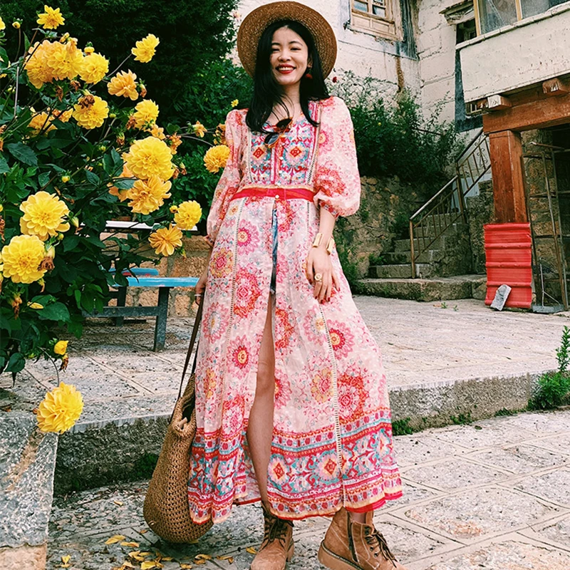 

Женское длинное платье в стиле бохо, с принтом розовых цветов, с рукавами-фонариками, однобортный Кардиган в этническом стиле