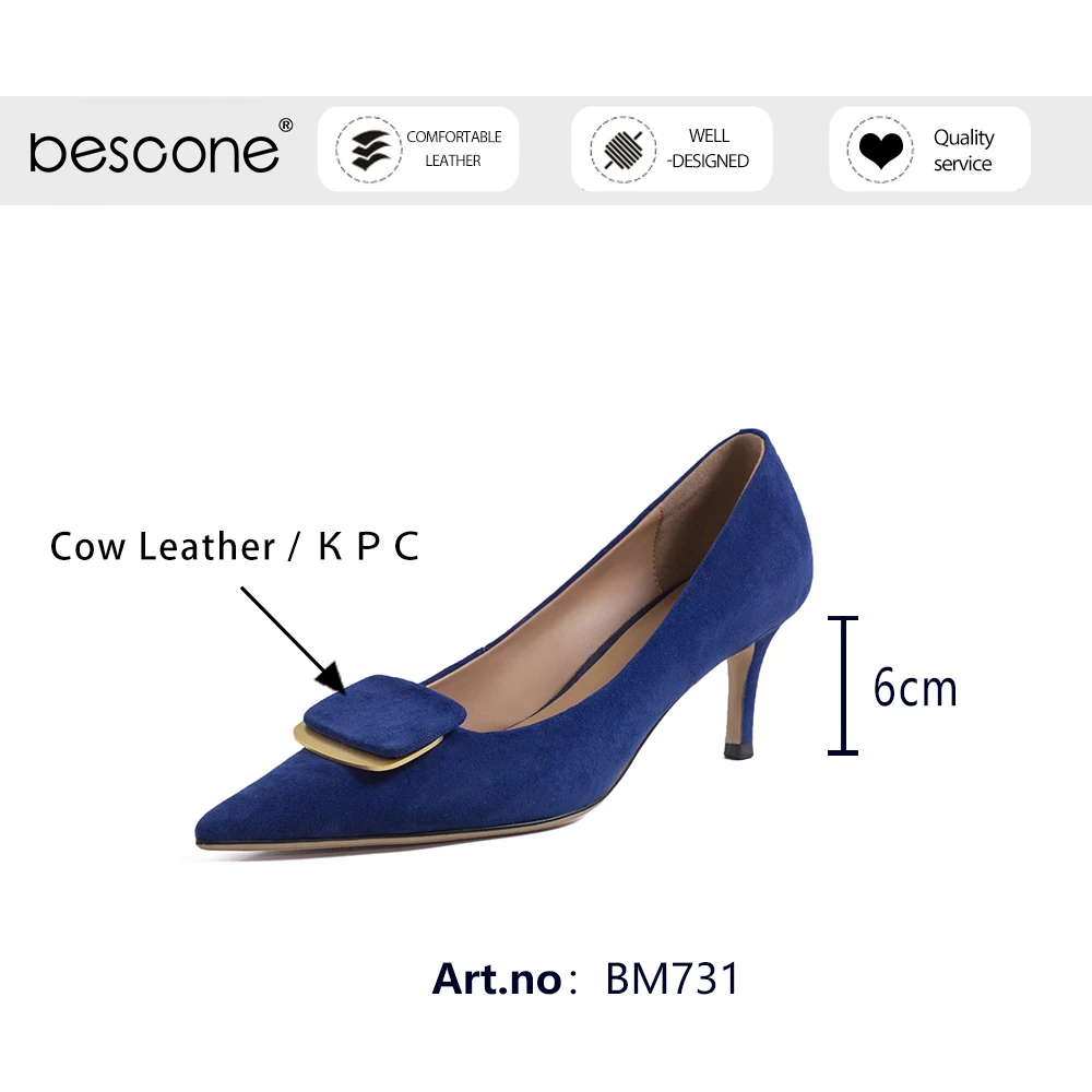 

Bescone Shallow Sexy Mature Style Pumps Genuine Leather Pointed Toe Metal Decoration High Thin Heel Dress Shoe BM731