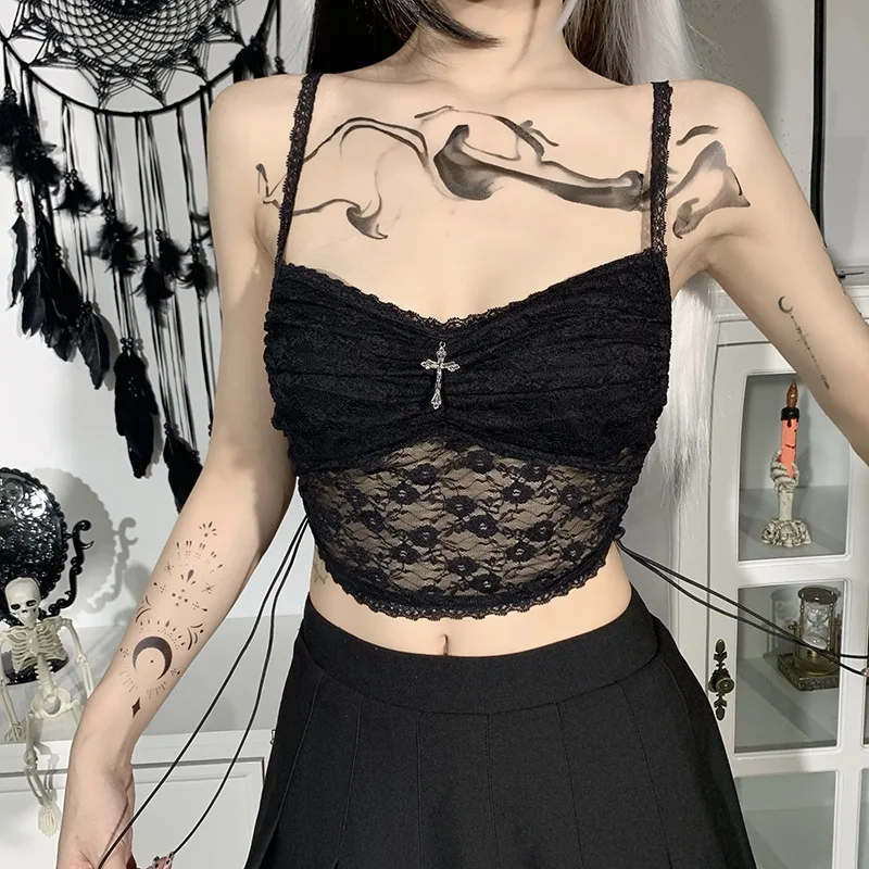 

Helisopus Goth Lace Black Camis Vintage Cross Pendant Sexy See Through Camisole Aesthetic Summer Crop Tops Streetwear