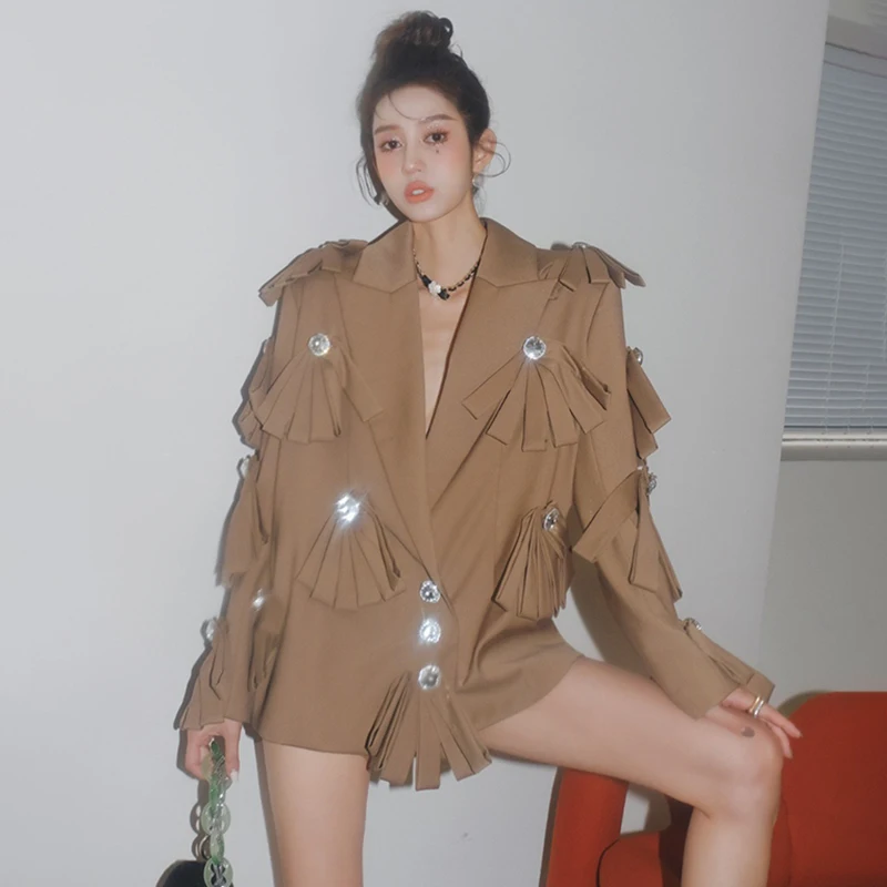 

CHICEVER Casual Patchwork Tassel Blazer For Women Notched Collar Long Sleeve Solid Single Breasted Blazers Females Clothing 2021