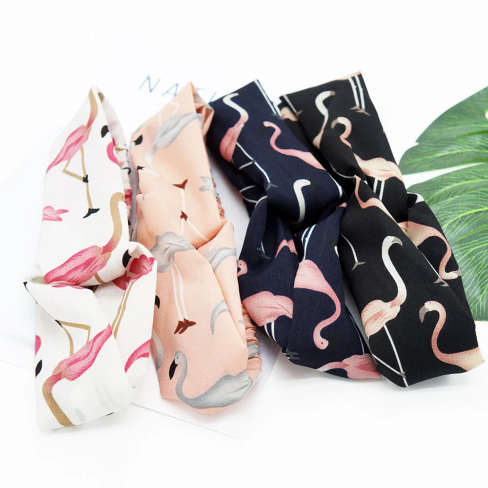 Женская модная летняя повязка на голову с рисунком Фламинго тюрбан крест повязки