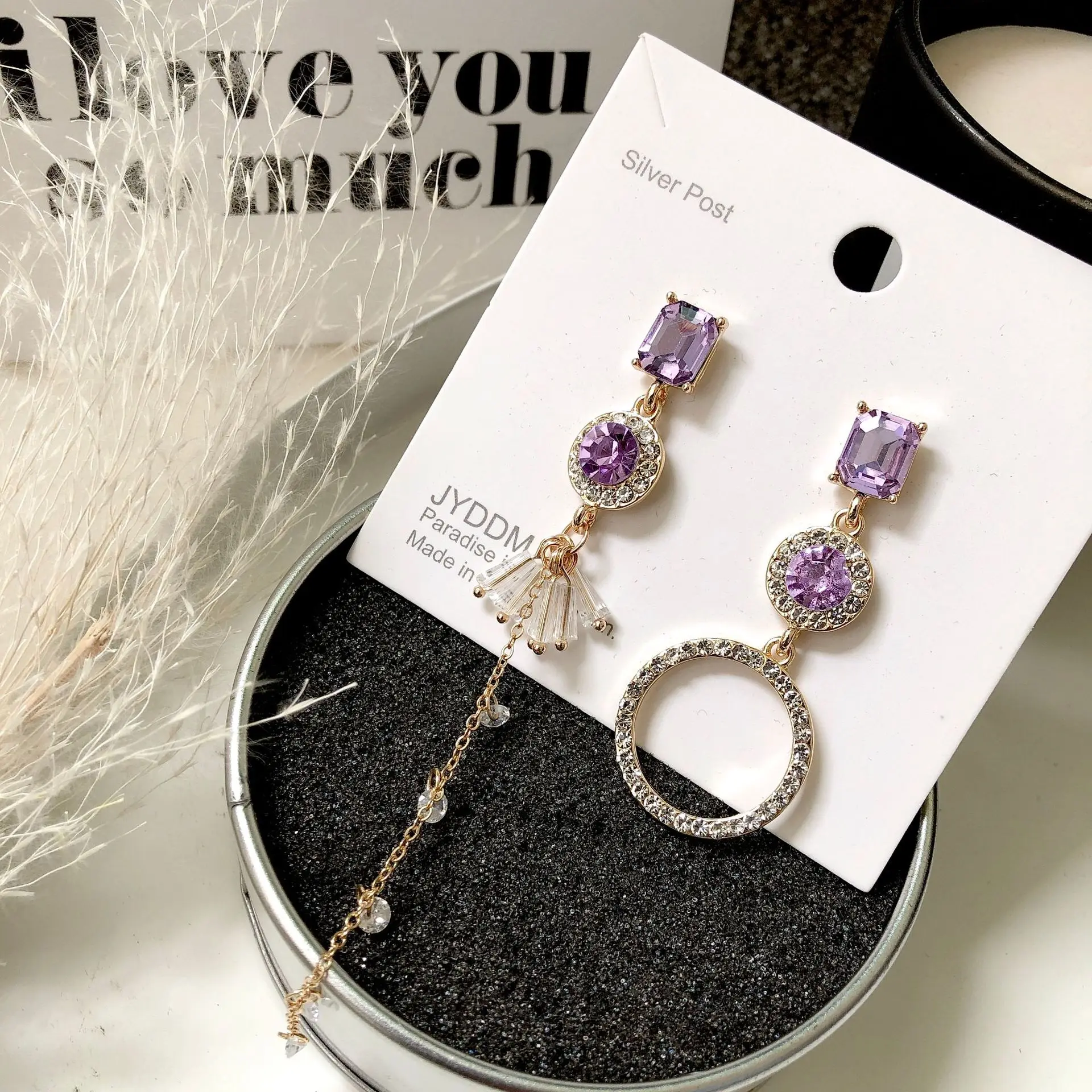 

Asymmetry Zirc Skirt Ring Earrings For Women Circle Long Chain Purple Rhinestone Diamante Geometric Tassel Creative Bridal Jewel