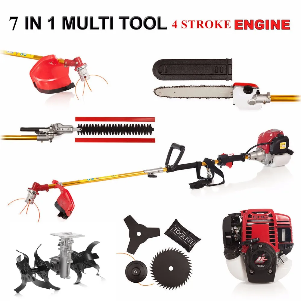 

7 in 1 Multi tool Brush cutter 4 stroke GX35 Engine Petrol strimmer Grass cutter Tree Pruner hedge trimmer with garden tiller