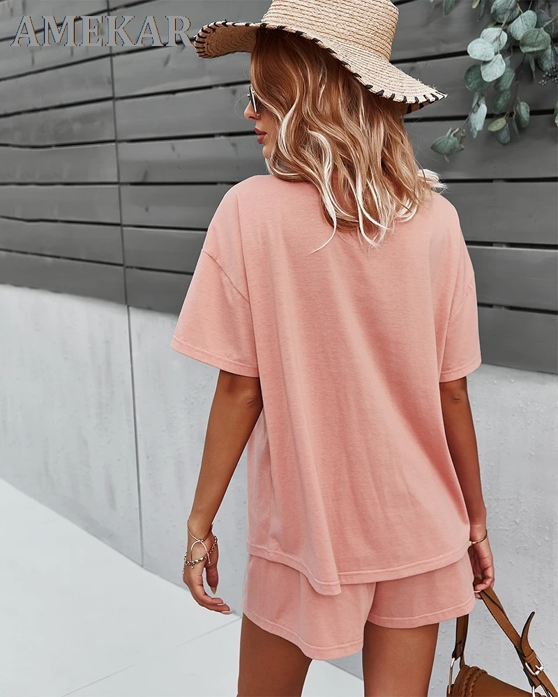 

Summer Women Set V Neck Short Sleeve and Bandage Shorts Two Piece Set Sexy Homewear Casual Suit Cotton Blend Outfits