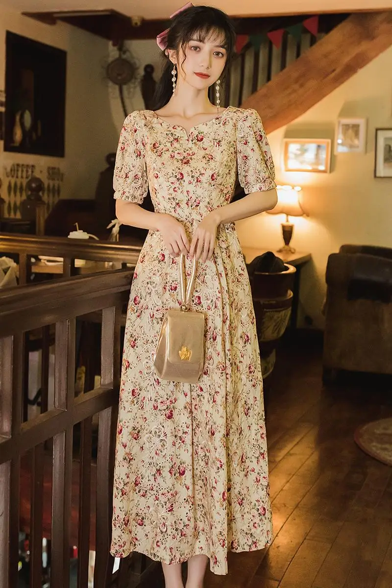

Make summer French retro girl rose floral dress heavy embroidered dress