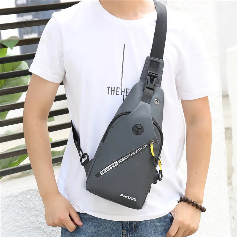 

2021 New Men's Chest Bags Waterproof Oxford Cloth Cross-body Bag with Headphone Hole USB Charging