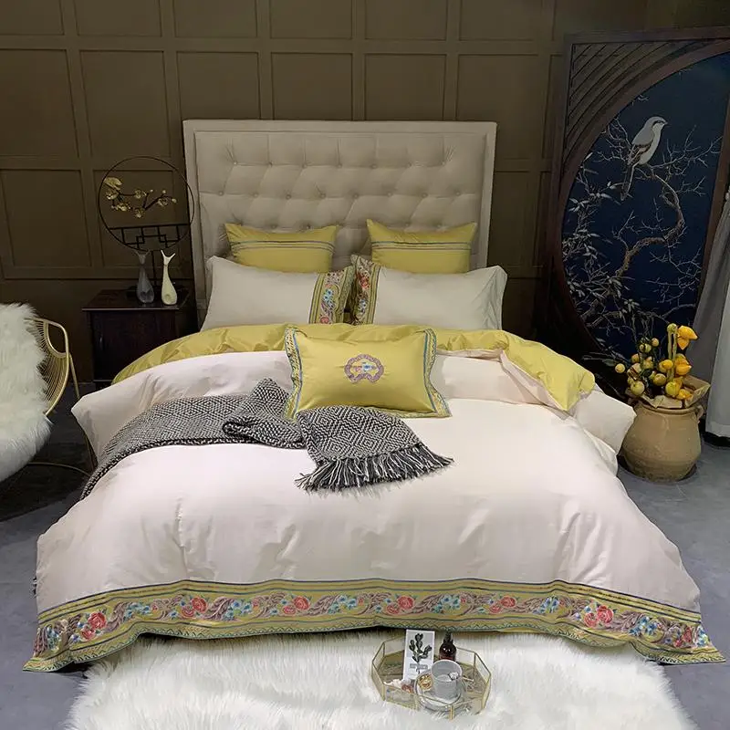 

46 Red/Yellow Luxury Bedding set Egyptian Cotton Queen King size Floral Embroidery Duvet cover Flat/Fitted Bed sheets