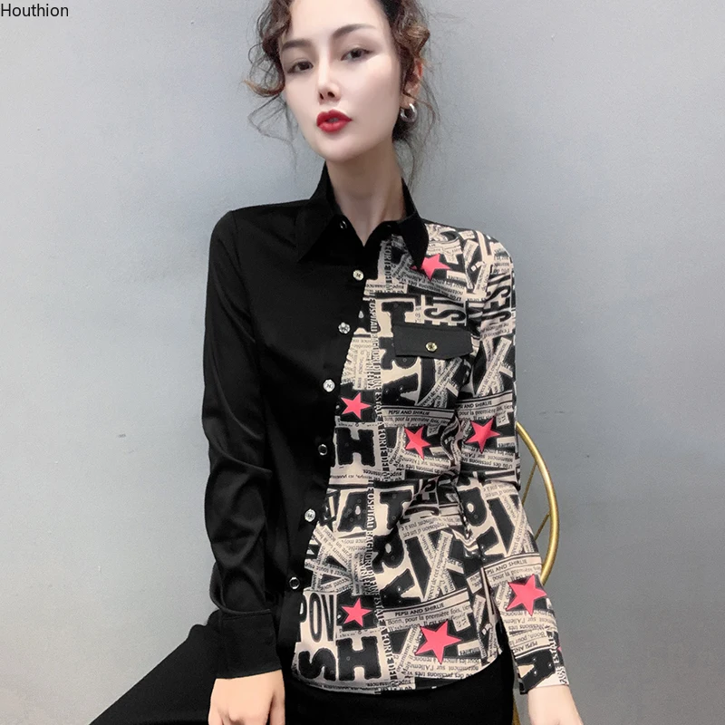 

Autumn New Women's Blouses Polo Shirt Long Sleeve Tops Letter Stitching Blouse Girl Viscose Casual Fashion Lady Loose