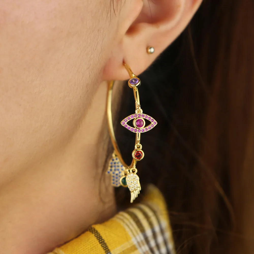 Evil eye wing fatima's hand Роскошные Потрясающие богемные европейские женские Серьги Красочный инкрустированный цирконами Подвески на удачу серьги-кольца
