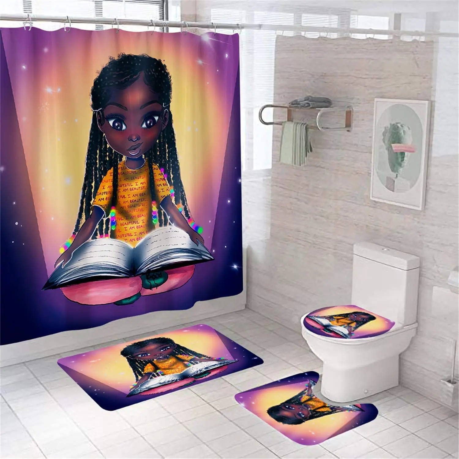 

Black Girl Reading Book Print Shower Curtain Set Carpet Cover Toilet Cover Bathroom Mat Cushion Cover Bathroom Curtain Household