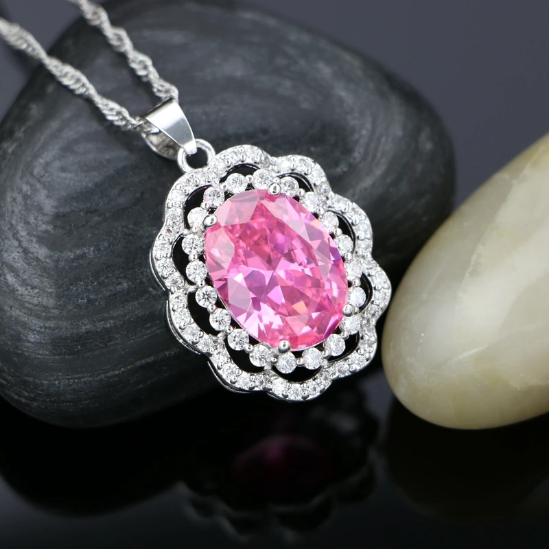Женское Ожерелье с кулоном из серебра 925 пробы розовым фианитом и белыми