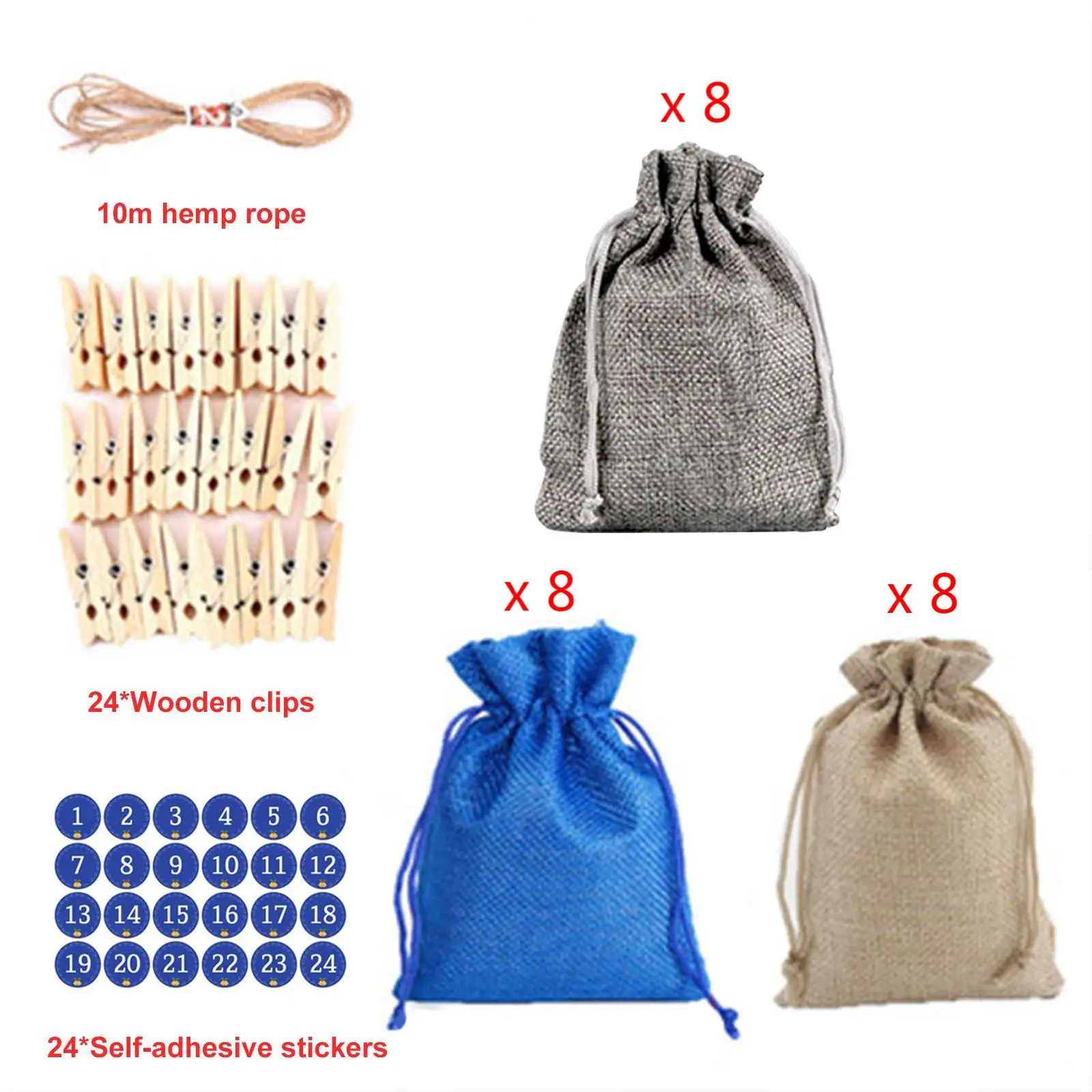

24PCS/Set Christmas Advent Calendar Storage Bags 24Days Burlap Gift DIY Bags with Embellishments Advent Christmas Calendar Decor