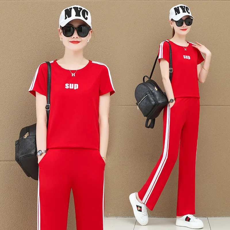 

6509#2021 new summer fashion suit women's sportswear short sleeve round neck casual pants summer two piece set
