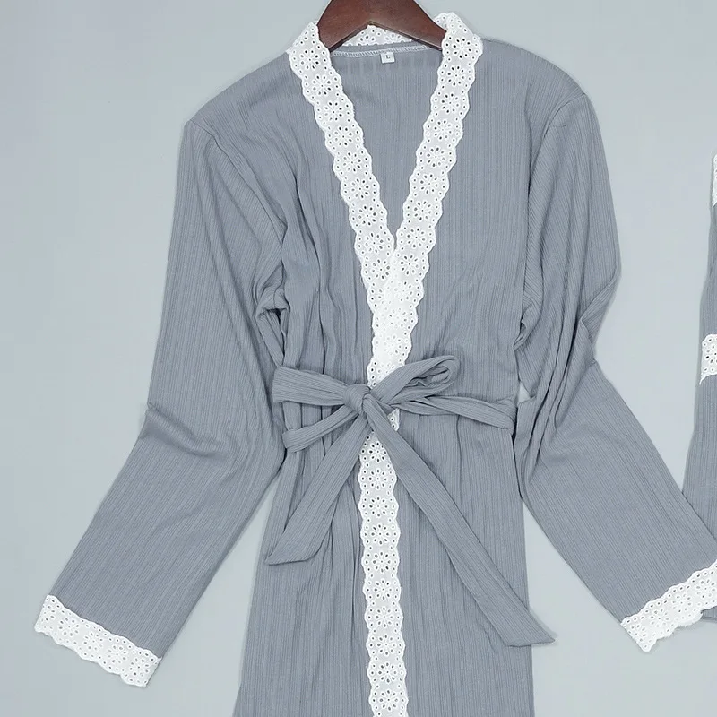 

Spring Autumn New 3PC Pajamas Set Women Sweet Lace Trim Nightwear Sexy V-Neck Backless Strap Top&Pant Home Wear Cotton Sleepwear