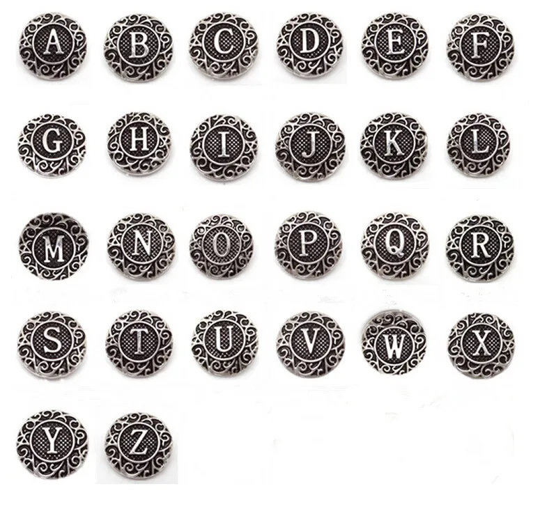 

26pcs/lot Antique Silver A-Z Alphabet Snap Buttons Fit 18mm Letter Buttons Snap Button Jewelry DIY Bracelets&Bangles