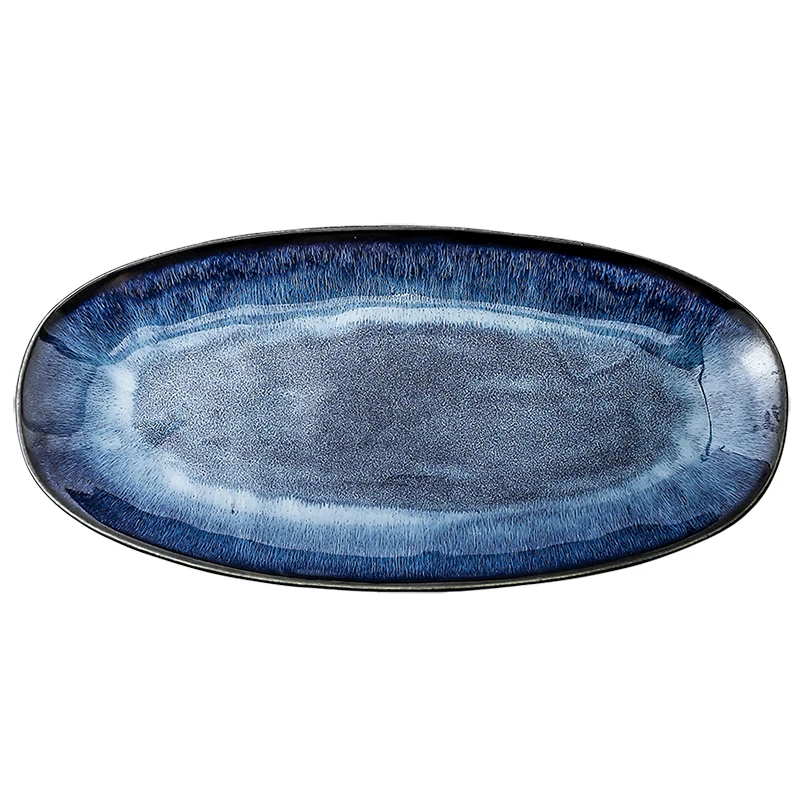 

KINGLANG Japanese style kiln cat eye blue fish plate household steamed fish plate large glaze color creative sushi plate