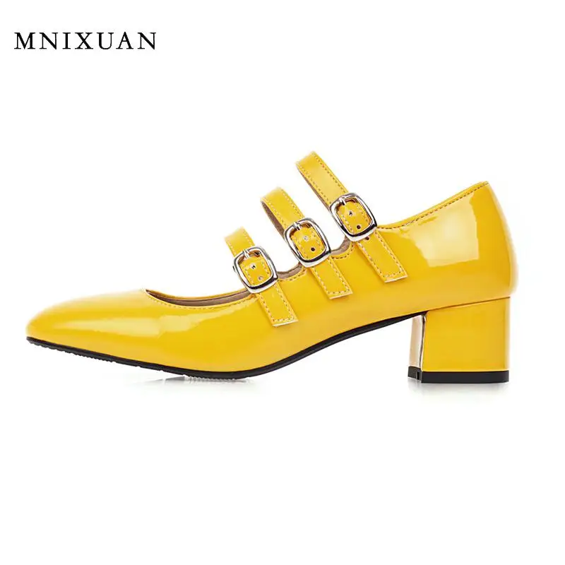 

MNIXUAN Mary jane shoes for women spring 2020 new patent leather square toe ladies pumps white medium heeled shoes plus size 47