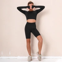 2pieces gym set yoga sports top women shorts fitness suit crop top seamless shorts active long sleeve top tracksuit sportswear g