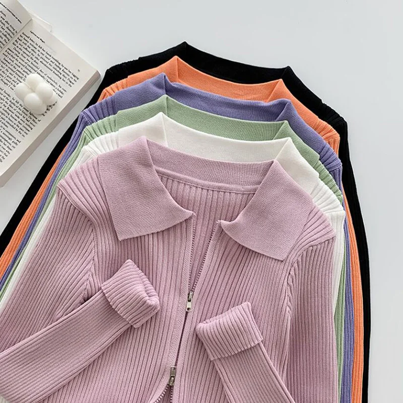 

Осенние женские кардиганы с двойной молнией 2021, Модный облегающий Женский вязаный свитер, короткие свитера с длинным рукавом и отложным вор...