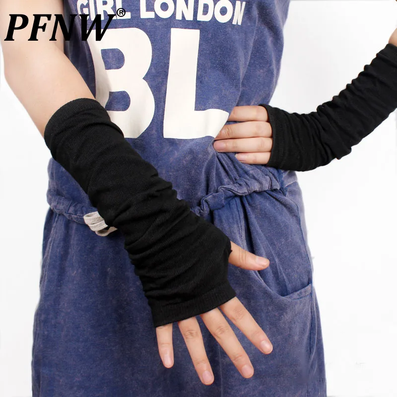 

PFNW Fingerless Gloves Korean Autumn Winter New Knitted Long Wrist Guard Typing Writing Warm Black Coffee Men's Accessories 0014