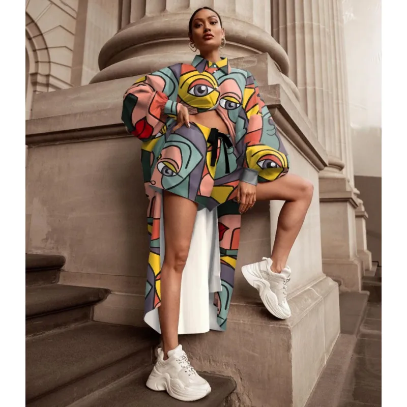 

2 Pieces Set African Women's Sets Printing Women Button Long Top And Shorts Suits Casual Sets Two Piece Outfits Africa Clothing