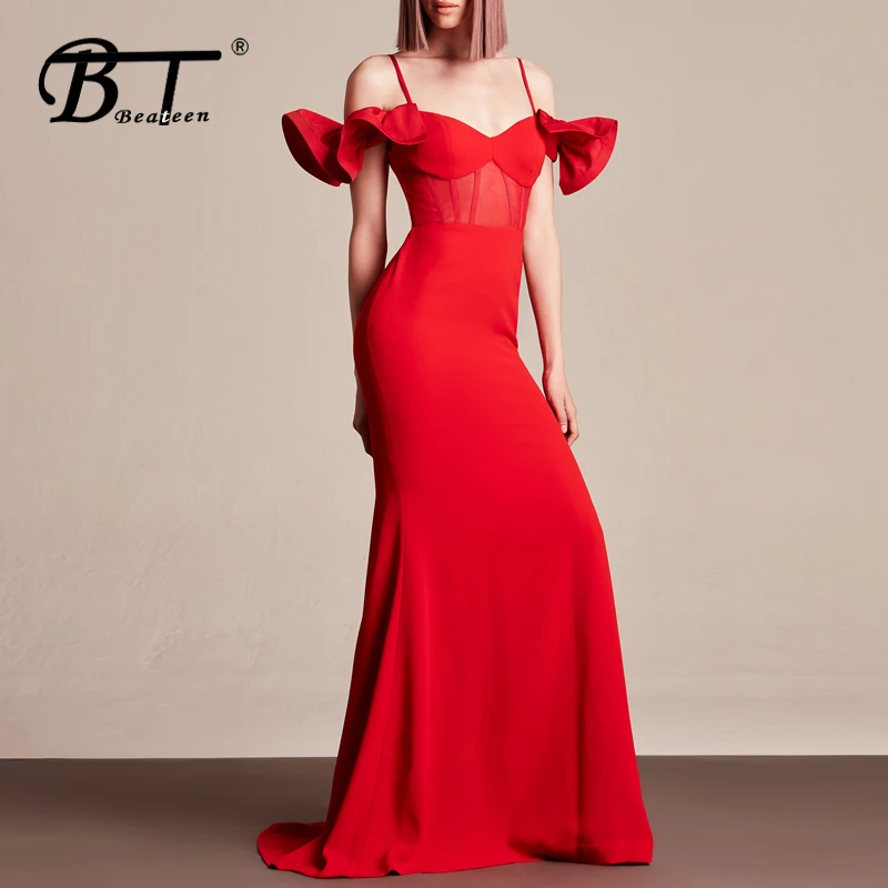 Женское платье макси на молнии сзади Beateen красное элегантное с открытыми плечами