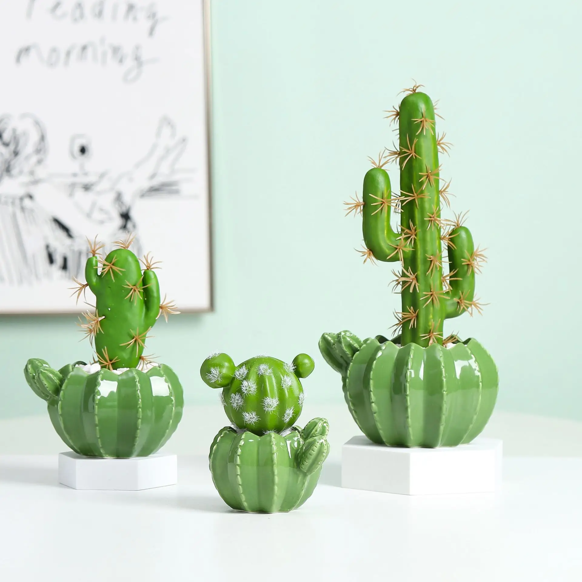 

Creativity green Cactus Succulent plant pot Ceramic flowerpot Polygon Desktop decorations Home balcony decoration ornaments