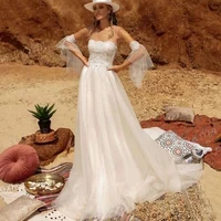 bohemian elegant o neck wedding dress a line lace appliques illusion flare sleeve floor length tulle bride gown vestido de noiva