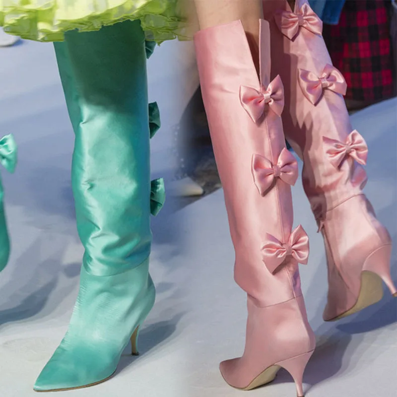 

Woman Selling Show Shoes Leather Knee High Stiletto Heel Bowknot Decoration Boots Fashion Sweet Floral Pointed Toe Slip on Boots