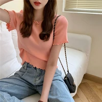 net red wooden ears solid color short sleeved knitted t shirt female korean style western style slim all match short top