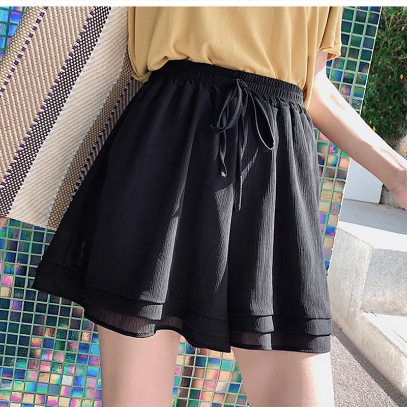 

Summer Chiffon Solid Color Couble Layer High Waisr Wide Leg Thin Loose Shorts 2021 Korean Fashion Casual Plus Size S-5XL Shorts