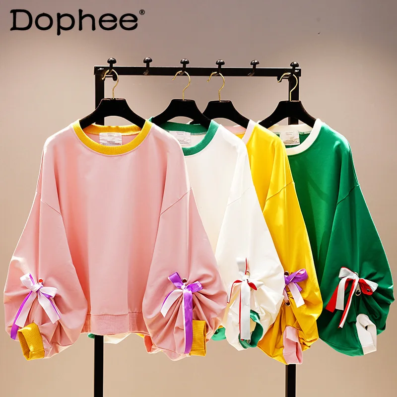 

Korean Lace-up Bow Loose Solid Hoodies Women O-Neck Lantern Long Sleeve Sweatshirt Pullover Tops Spring Autumn Women's Clothing
