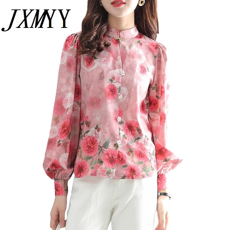 

JXMYY Тяжелая шифоновая рубашка с принтом Женская Новинка Весна 2022 модная Цветочная рубашка с длинным рукавом темпераментный топ с рукавом-фо...