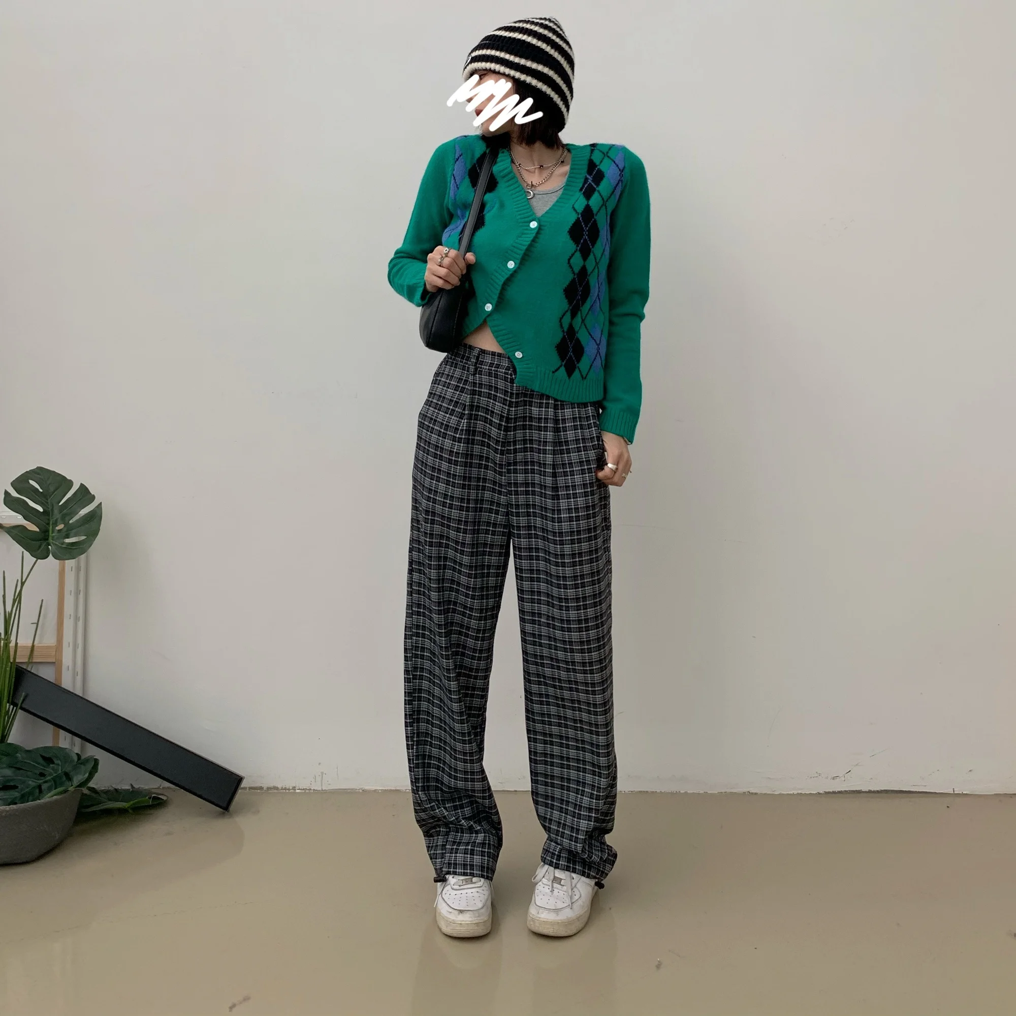 Зеленый ромбовидный вязаный кардиган пальто новый дизайн 2021 короткий