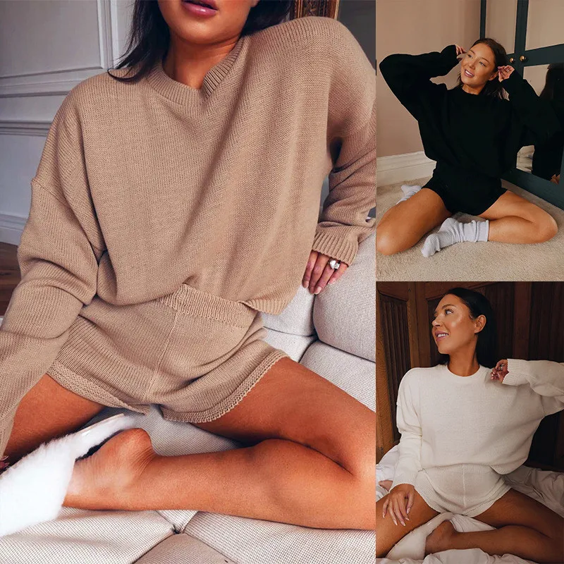 

Women Casual Clothing Sets Long Sleeve O Neck Loose Sweater Top + High Waist Shorts Lady Autumn Solid Knitted Loungewear Outfits